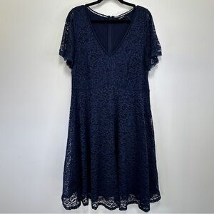 Navy Blue Lace V Neck Short Sleeve Fitted Dress Lined Size 14